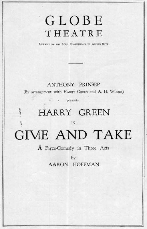 Give & Take Harry Green Frank Petley Globe Theatre Old Comedy Programme