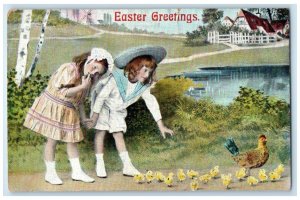 c1910's Easter Greetings Children Caching Baby Chicks Chicken Hen Postcard