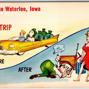 c1960s Waterloo, IA Iowa Greetings Trip B4 & After Comic Art Touring Car PC A236