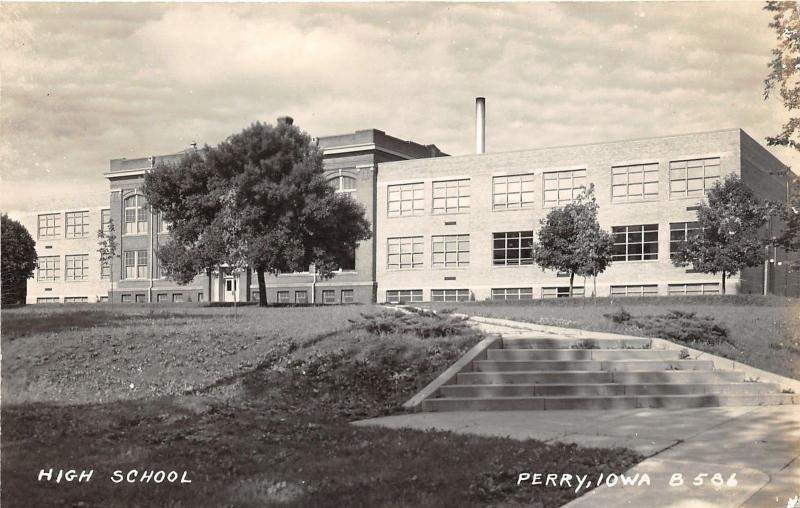 Perry Iowa~High School Building~Small Trees Along Pathway~1940s Real Photo PC