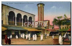 Old Postcard Tunisia Tunis Place and Mosque And Halfawiyyne