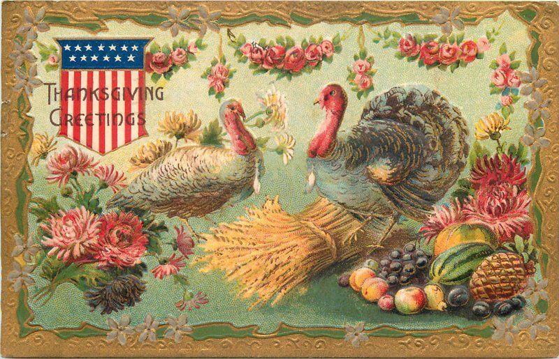Artist Impression 1910 Thanksgiving Turkeys Fruits Flowers Wheat postcard 5784