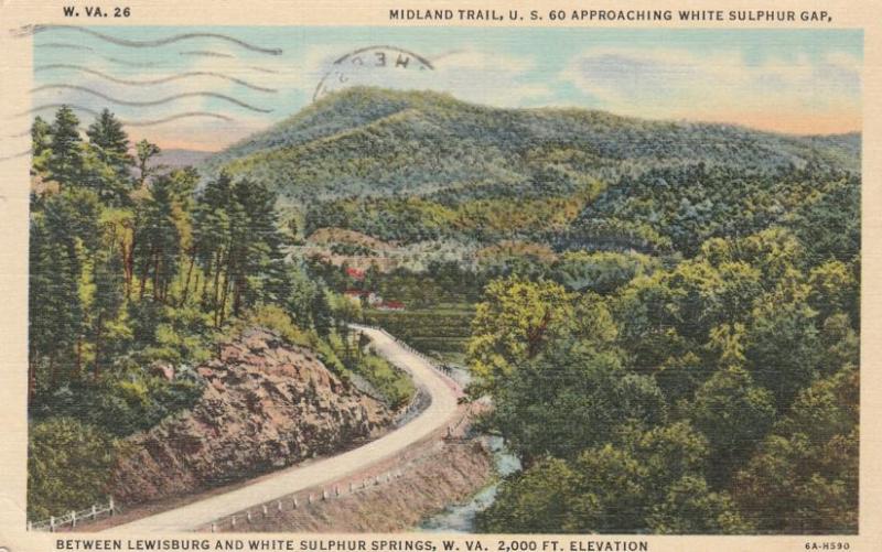 Midland Trail approaching White Sulphur Gap WV, West Virginia - pm 1950 - Linen