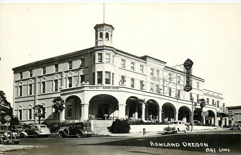 Postcard RPPC 1930s Oregon Ashland Hotel Automobiles Laws occupation OR24-3251