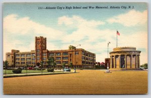 Atlantic City New Jersey~High School Bldg~War Memorial~Tower~Flag~Linen Postcard