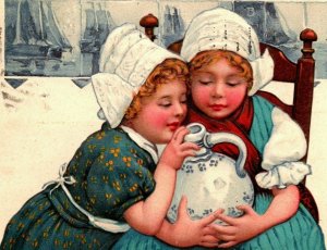 Vtg Postcard 1910s Dutch Girl Children With Milk Jug Pitcher Embossed