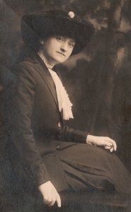 Women in Black Dress Portrait White Scarf RPPC Real Photo Vintage Postcard