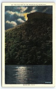 1930s WHITE MOUNTAINS NH OLD MAN OF THE MOUNTAIN BY MOONLIGHT POSTCARD P3520