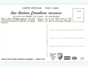 Unused 1980's AUX ANCIENS CANADIENS RESTAURANT Quebec City QC o0333