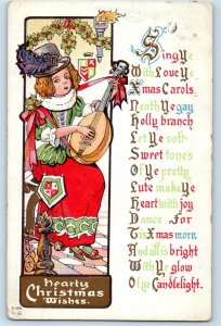 Christmas Postcard Wishes Pretty Girl Playing Mandolin Holly Berries Embossed