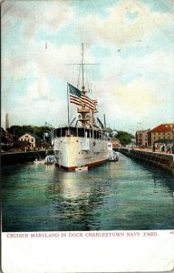 Vtg Cruiser USS Maryland in Dock Navy Yard Charlestown MA 1905 Postcard