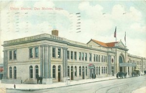 Des Moines Iowa Union Station Postcard 1911 Postmark, Horse Carriage, Old Car