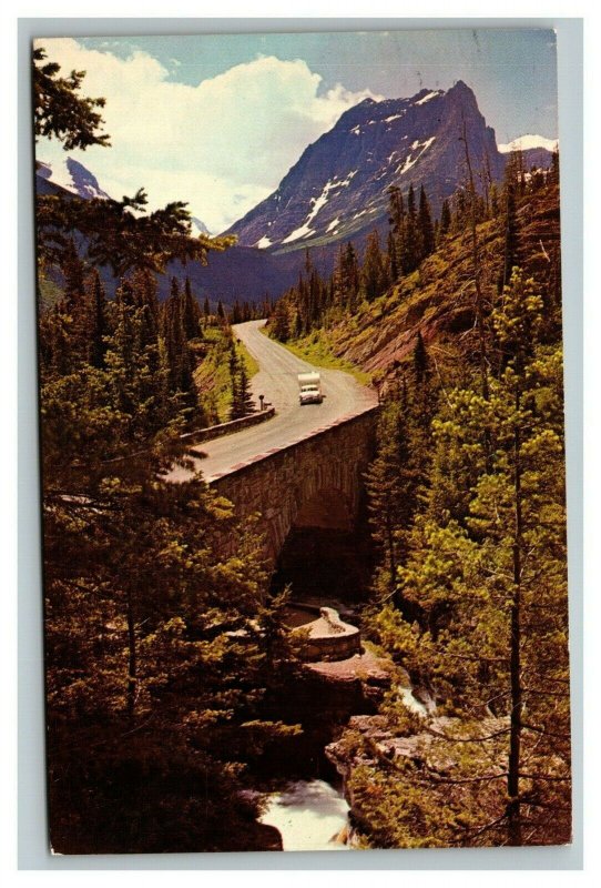 Vintage 1971 Postcard Antique Car & Trailer Baring Bridge Glacier National Park