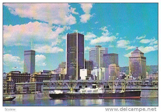 Cargo Ship, View of Montreal Skyline, Montreal, Quebec, Canada, 40-60´s