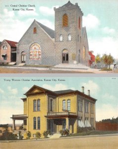 2~Postcards Kansas City, KS Kansas  CENTRAL CHRISTIAN CHURCH & YWCA  ca1910's