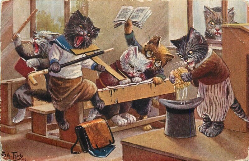 Arthur Thiele Dressed Cat Postcard TSN 962 Boys Cause Mischief as Teacher is Out