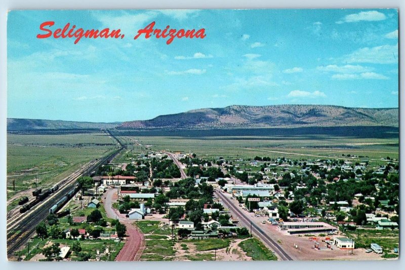 c1950's Aerial View Seligman Arizona AZ US Highway 66 Santa Fe Railroad Postcard