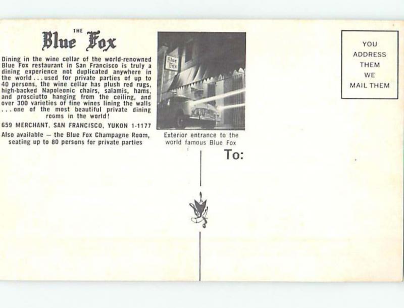 Unused Pre-1980 BLUE FOX RESTAURANT San Francisco California CA hs4731