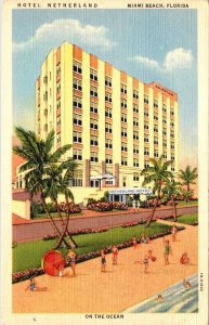 Miami Beach, FL Florida  HOTEL NETHERLAND & Beach Scene  ca1940's Linen Postcard