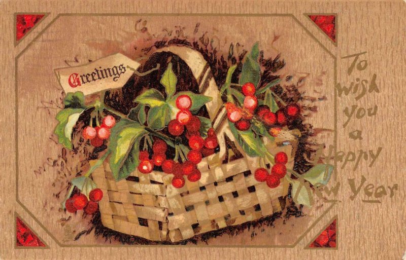 To Wish You A Happy New Year Basket Greetings 1908 Tuck Vintage Postcard