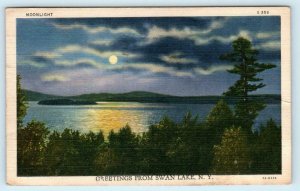 Greetings from SWAN LAKE, New York NY ~ Moonlight Night 1940s Linen Postcard