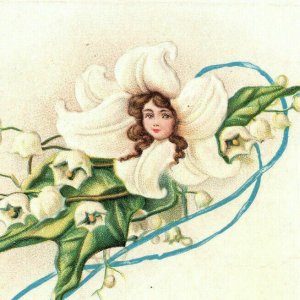 Lily of the Valley Easter Postcard Girl Rabbit Bunny Embossed