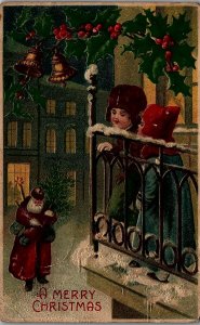 1907 MERRY CHRISTMAS SANTA CHILDREN SNOW PINE GROVE PA EMBOSSED POSTCARD 26-80