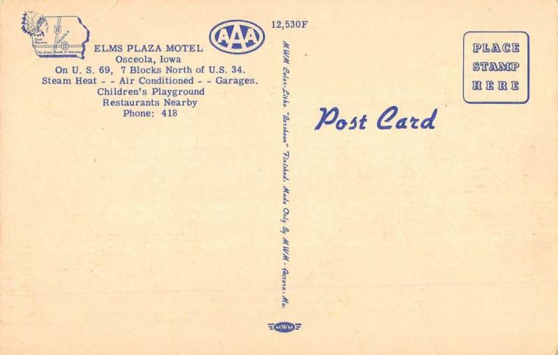 Osceola Iowa Elms Plaza Motel Multiview Antique Postcard K54708