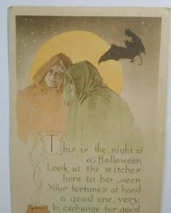 Halloween Postcard Kathryn Elliott Colorized Gibson Gothic Capes Moon Bat 1910 