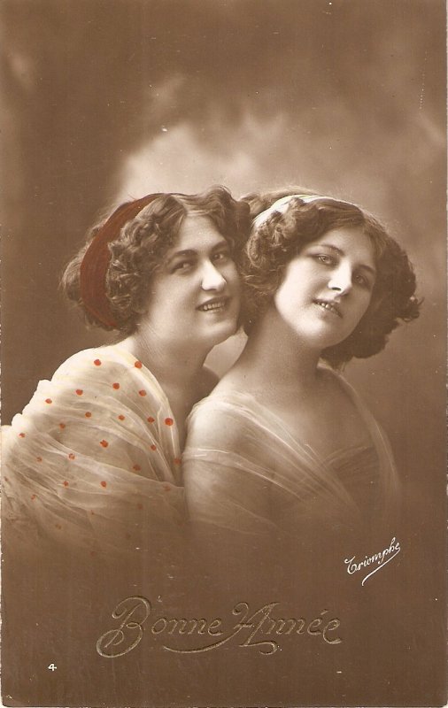 Two lpretty, smilling ladies Nice vintage French postcard