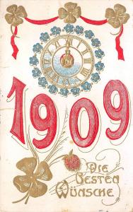 BG20078 new year neujahr clock cloever embossed  1909  germany