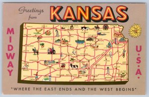 1950's-60's GREETINGS FROM KANSAS KS MIDWAY USA MAP VINTAGE CHROME POSTCARD