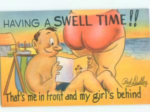 Linen Risque signed MAN BESIDE WOMAN WITH FAT BUTT AT BEACH AB6520