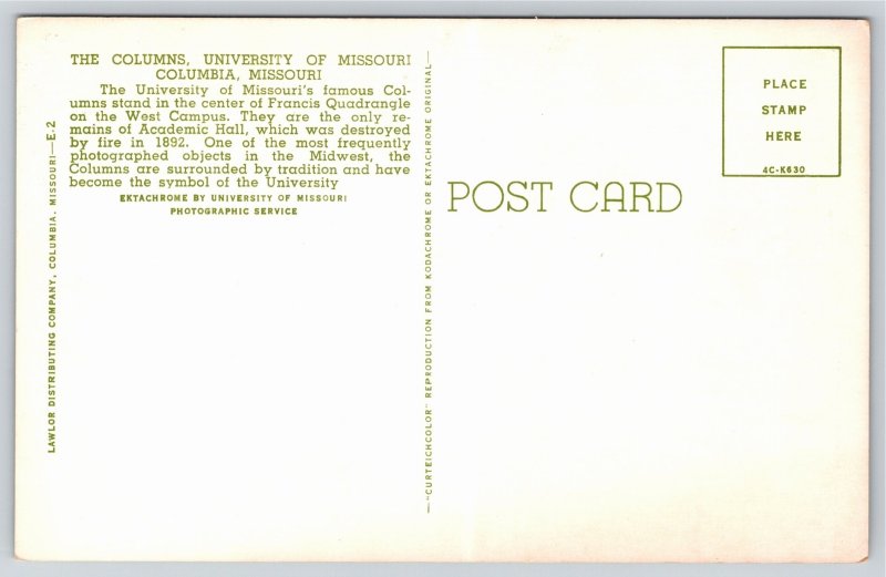 Columbia Missouri~The Columns @ Universities Francis Quadrangle~Vintage Postcard