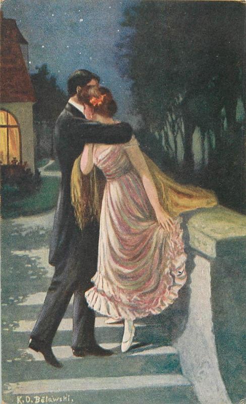 K. O. Belawski - Romantic Lovers Couple Finally alone 1910s postcard