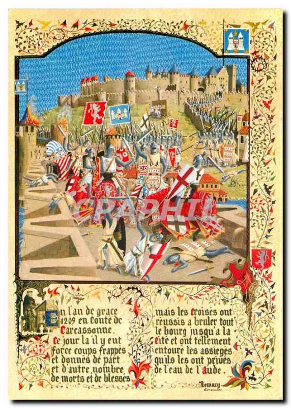 Old Postcard History of Catherine Simon's troops Montfort attack Carcassonne