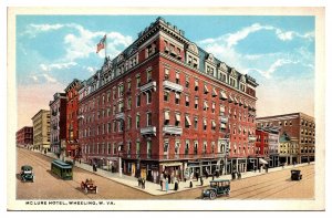 Antique Mclure Hotel, Street Scene, Trolley, Old Cars, Wheeling, WV Postcard