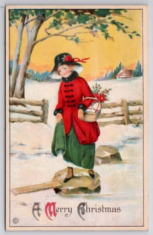 Christmas Greeting Girl Red Coat With Basket Crossing Frozen Stream Postcard C39