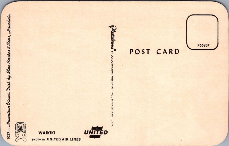 Postcard United Air Lines Waikiki  Hawaii