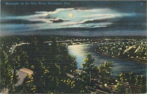 United States Cincinnati Ohio moonlight on the Ohio River scenic postcard