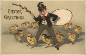 Easter Little Boy with Top Hat and Chicks Embossed c1910 Postcard