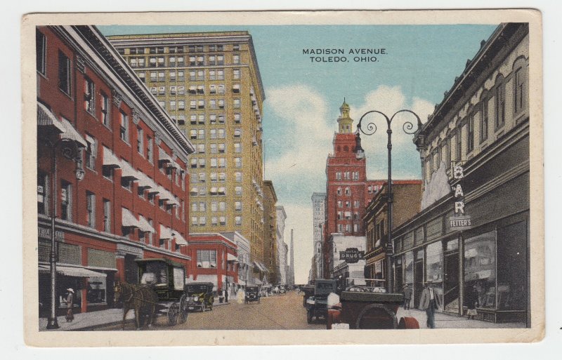P2350 1917 postcard horse wagons old cars madison ave street scene toledo ohio