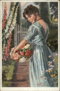 Beautiful Woman Flirting Smile Basket of Roses Maxim Trube c1910 Postcard