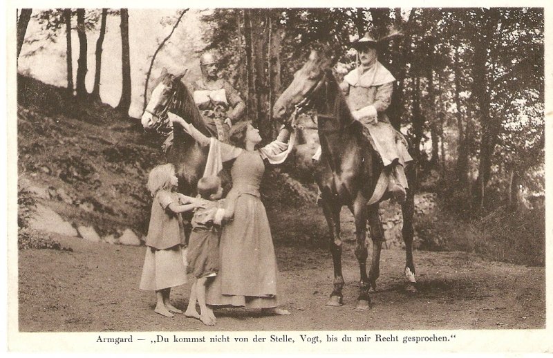 Scene. Mother and childrenmeet horsemen Old vintage  German postcard