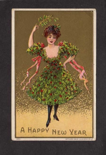 A Happy New Year Greetings Postcard Julius Bien 1910 Holly Dress Woman