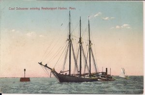 Newburyport MA, Coal Schooner Entering Harbor, Sailing Ship, 1910's, Leighton PC