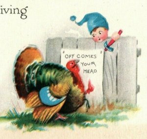 C.1910 Off Comes Your Head Thanksgiving Turkey Kid Hatchet Vintage Postcard P77