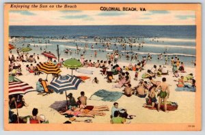 1956 COLONIAL BEACH VIRGINIA ENJOYING THE SUN TO LEATHERWOOD MT AIRY MD POSTCARD