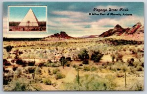 Phoenix Arizona~Papago State Park Gardens & Pyramid Tombstone~Vtg Linen Postcard
