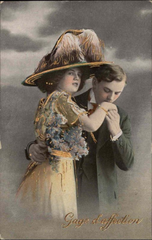 Tinted Real Photo Romance Beautiful Woman and Man Gilt c1910 Vintage Postcard